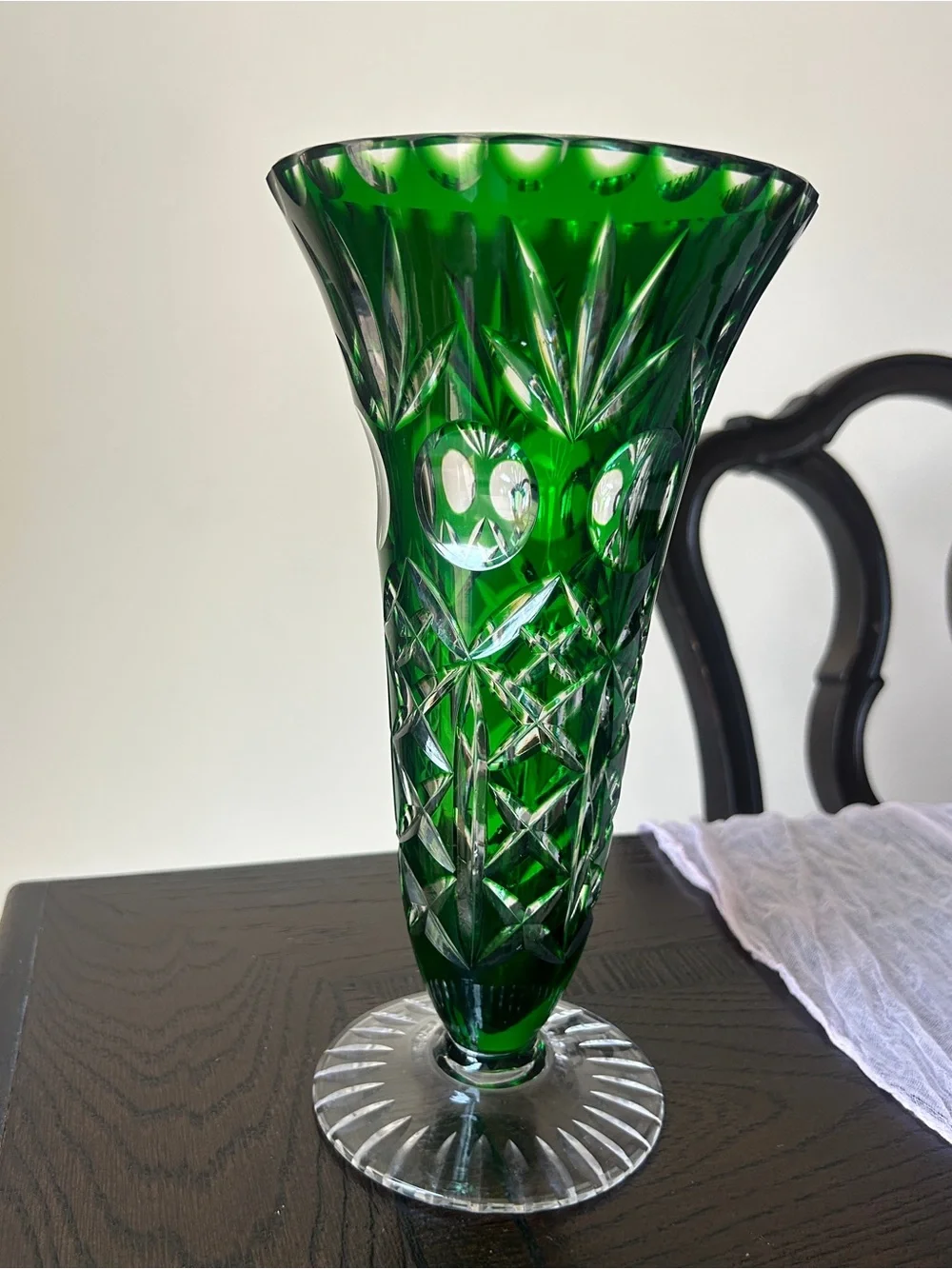 Vintage Imperial Hand Cut Emerald Glow Glass Vase German 1950s 10.5”